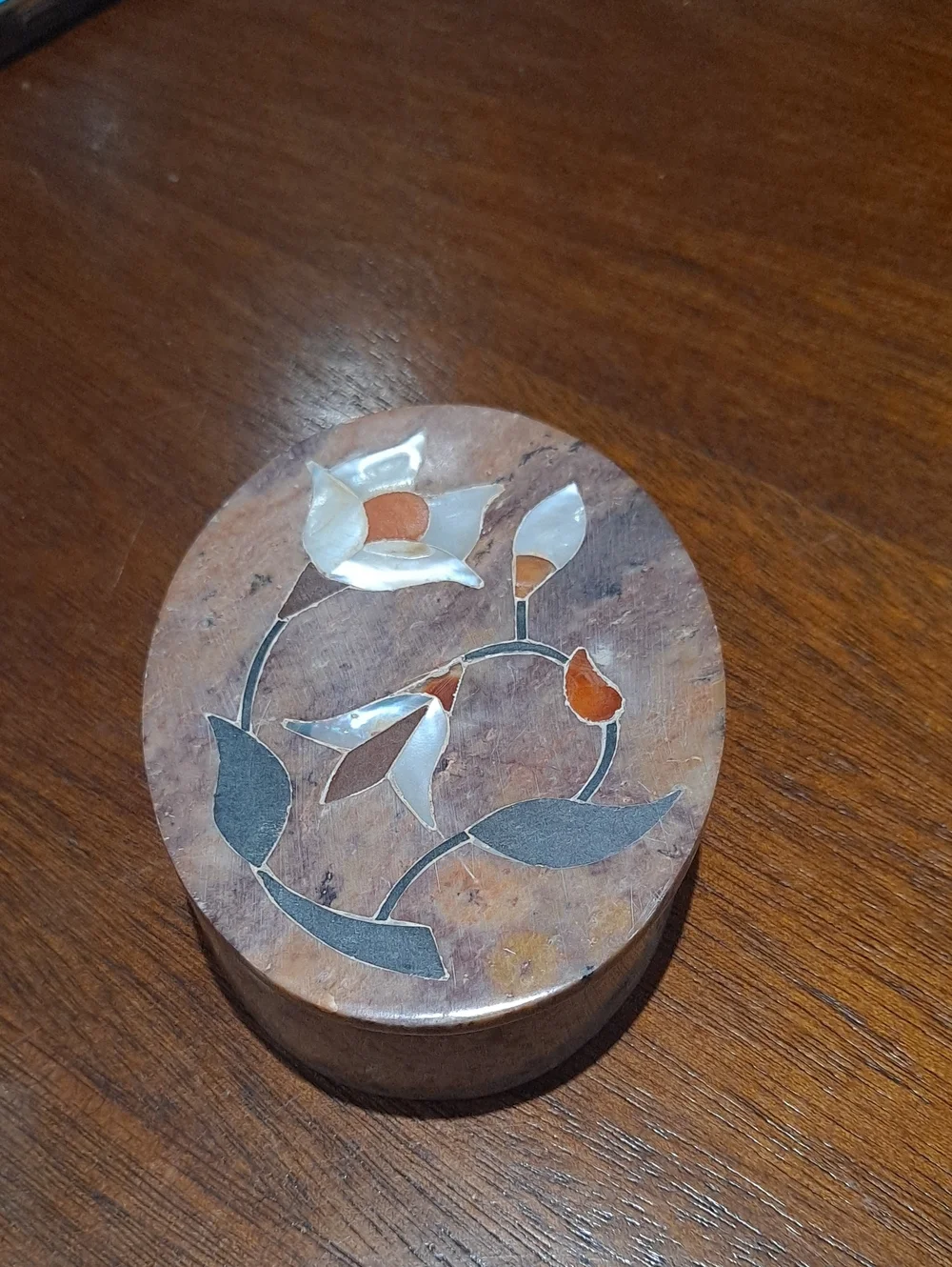 Handcrafted Floral Inlay Decorative Trinket Box - Brown and White